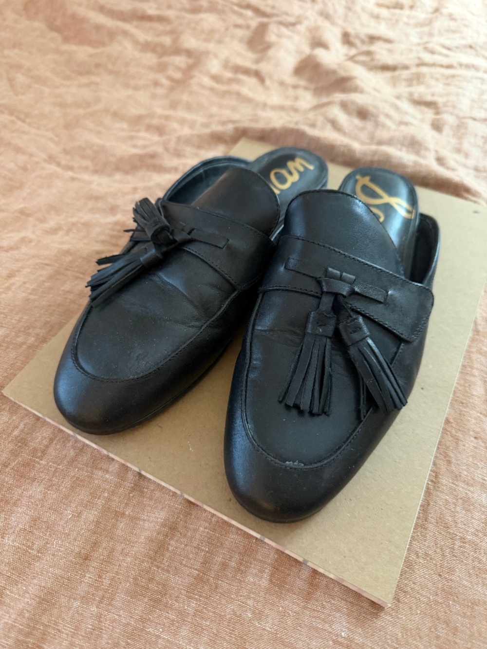Sam Edelman Paris Black Leather Tassel Almond Toe Mules - Size 7.5